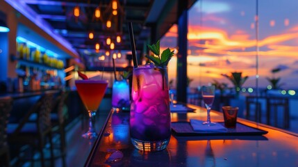 A rooftop bar at sunset, showcasing cocktails with layered hues that mirror the vibrant sky 2