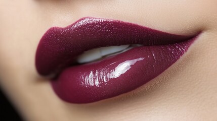 Obraz premium Close-up of glossy female lips painted vibrantly with lipstick. AI generated
