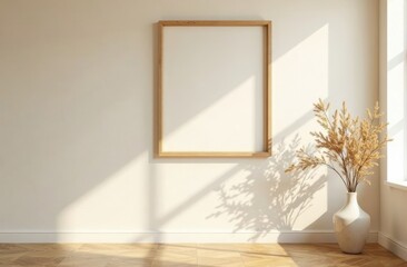 White paper blank empty with frame, dried flowers on beige background. Template, copy space, mockup
