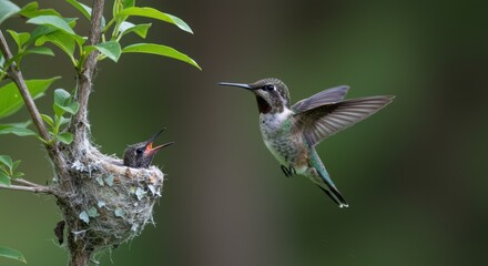 Obraz premium Hummingbird feeding chick in intricate nest amid lush greenery
