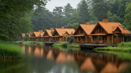 Obraz premium Serene Lakeside Cabins nestled in a lush forest