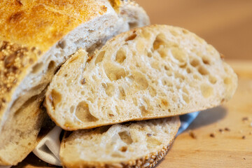 Homemade bread, sourdough wheat loaf with seeds