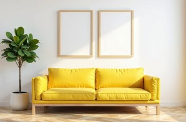 Blank picture frames mockups on white wall. White living room design. interior with sofa, cushions, potted palm plant