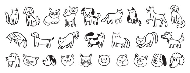 cute dogs and cats doodle hand drawn icon set. Sitting, standing. Outline drawing cats and dogs faces line clipart symbol collection