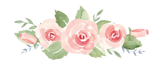 Pink Roses Garland Composition. Simple Watercolor painting. Abstract Hand drawn horizontal Bouquet isolated on a white background. Floral arrangement for Birthday, Valentines cards or Wedding
