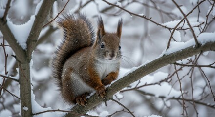 Obraz premium Curious squirrel on snow-covered branch in winter forest