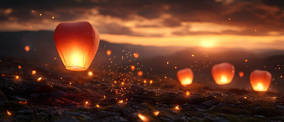 Sunset Sky Lanterns Floating Hilltop