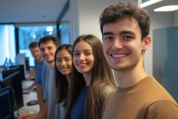 Obraz premium photo of a team of young business men women working in teamwork on their computer in an office smiling into the camera