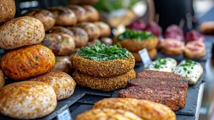 Colorful assortment of artisanal breads and cheeses displayed at a vibrant outdoor market stall