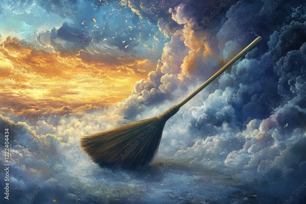 Poster a broom is floating in the sky with clouds and a sunset in the background