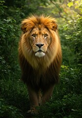 Fototapeta premium Majestic lion strolling through lush green jungle in sunlit forest