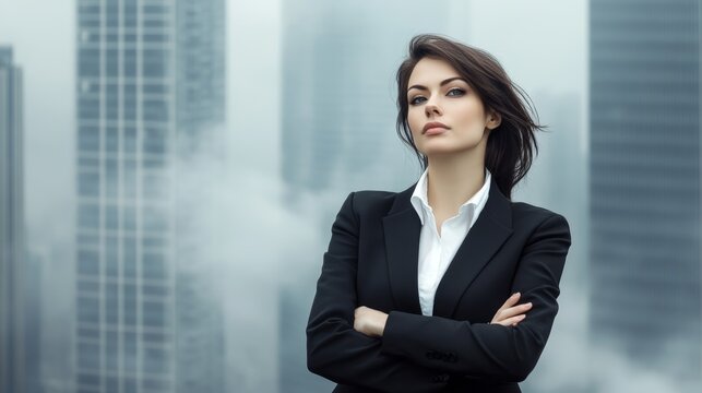 A confident woman stands with her arms crossed in a bustling urban environment. Dressed in professional attire, she exudes poise against a backdrop of skyscrapers.