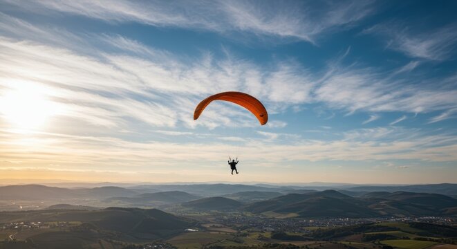 Orange paraglider soars above rolling hills at sunset with scenic sky and clouds