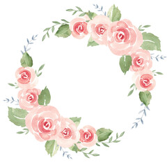 Floral Wreath from Pink Roses and Branches. Circle Frame, Border. Simple painting isolated on a white background. Love and Romantic illustration for cards, invitations and prints for Wedding, Birthday