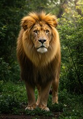 Fototapeta premium Majestic lion standing in lush green forest captured in natural light