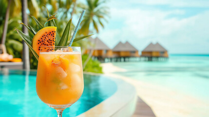 Exotischer Cocktail mit Orangendekoration vor paradiesischer Kulisse mit Wasserbungalows auf Stelzen. Traumhafte Malediven-Atmosphäre am türkisblauen Meer