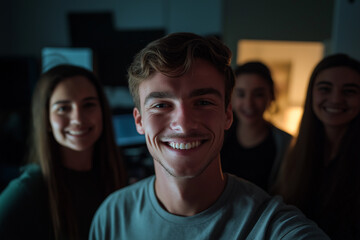 Obraz premium photo of a team of young business men women working in teamwork on their computer in an office smiling into the camera