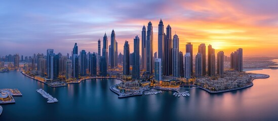 Obraz premium Stunning sunrise over modern cityscape with harbor.