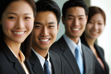 photo of a team of young business men women working in teamwork on their computer in an office smiling into the camera