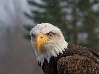 Obraz premium Bald Eagle is flying The national bird of the United States, the Bald Eagle features a striking white head, brown body, and yellow beak, embodying both power and elegance.