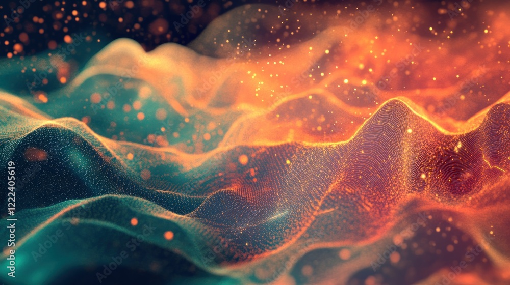 Poster abstract wave background with glowing particles.