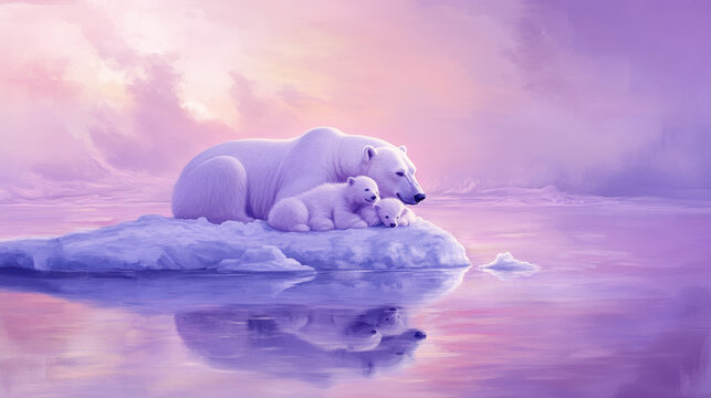 A polar bear mother gently nuzzling her cubs on a small icy island, twilight sky painted with delicate pastel colors