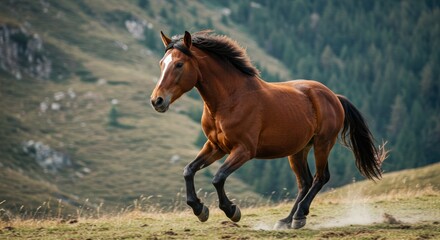 Obraz premium Majestic brown horse galloping freely in open mountain landscape