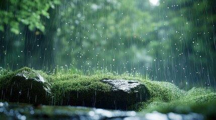 Rain falling on moss-covered rocks and grass in a forest.