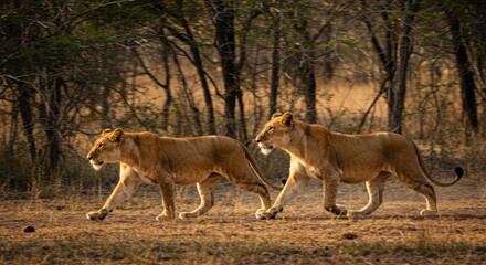 Naklejka premium Two lions strolling through forest safari with graceful majesty