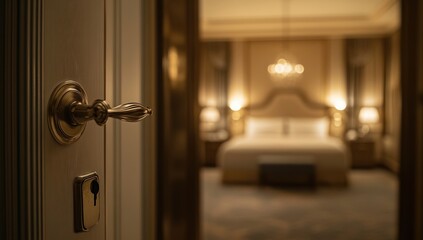 Obraz premium Luxury Hotel Room Glimpse: A Golden Door to Opulence
