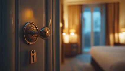 Obraz premium Luxury Hotel Room Door Handle, Elegant Interior Design, Warm Evening Light