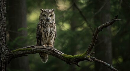 Obraz premium Majestic owl perched on mossy branch in serene forest setting