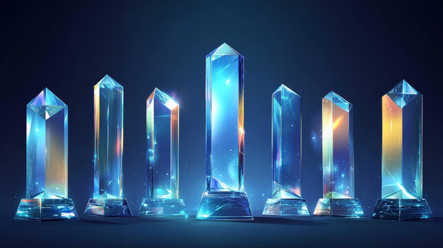 Acrylic glass rectangle trophy set isolated on transparent background. Award parallelepiped plexiglass crystal glossy prize for victory in business, sport competition. Realistic 3d vector illustration