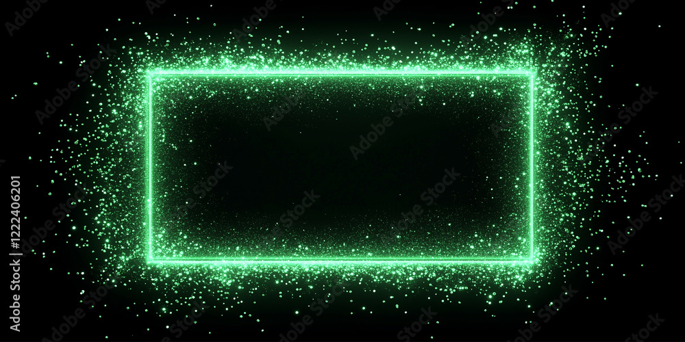 Poster glowing neon rectangular frame surrounded by neon blinks and sequins. empty frame and copy space for