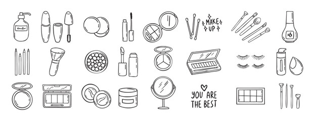 make up beauty doodle hand drawn icon set. Outline drawing cosmetics line clipart symbol
