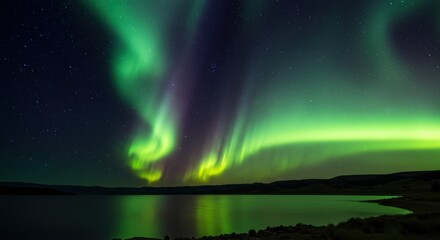 Breathtaking northern lights dance over serene lake at night