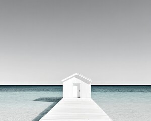 Minimalist Coastal Retreat Sleek White Wooden Dock and Beach Hut Over Crystal Lagoon - Luxury Travel Visuals for Eco-Conscious Island Escapes