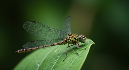 Detailed dragonfly resting on leaf amidst lush green background