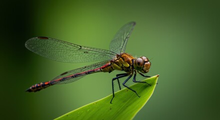 Detailed close-up of dragonfly on leaf with vibrant green background