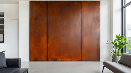 Fototapeta premium The Artistic Beauty of Rust in Sculptures and Decor Themed, Modern interior with large rusted metal panel, creating unique atmosphere