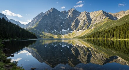Fototapeta premium Majestic mountain reflections on a pristine lake under a clear blue sky