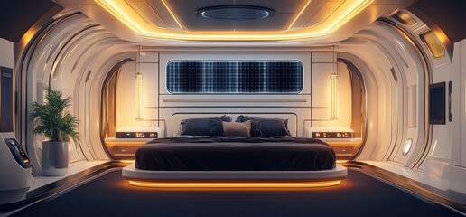 Fototapeta premium Futuristic Bedroom Design: A spaceship-like interior with sleek lines, ambient lighting, and modern technology