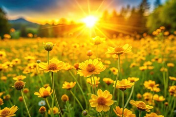 A sun-drenched meadow explodes with yellow wildflowers at golden hour; a captivating landscape.