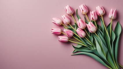 Obraz premium Top view photo of bouquet of pink tulips on isolated pastel pink background with copyspace. AI generated