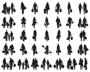 Black silhouettes of shoppers on a white background	