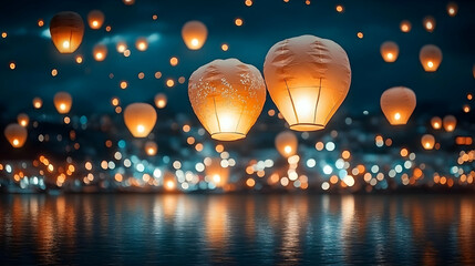 Obraz premium Night sky lanterns floating above lake, celebration