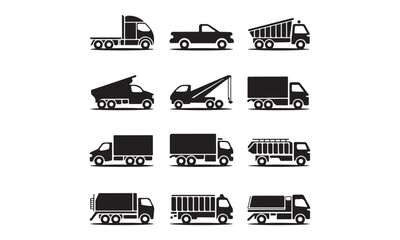 Set of black silhouettes of various trucks: pickup, dump truck, crane, garbage truck, and more