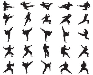Black silhouettes of karate fighters on a white background