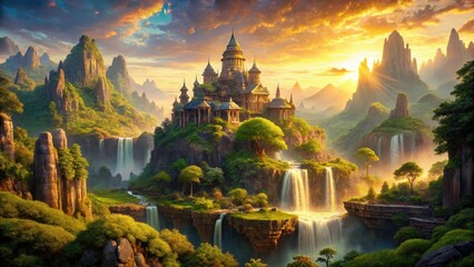 A sun-drenched wilderness reveals a magical kingdom, its epic scenery bathed in sunlight.