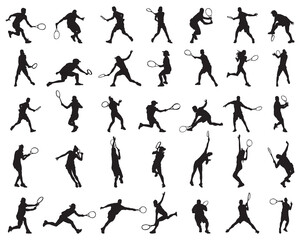 Black silhouettes of tennis players on white background	